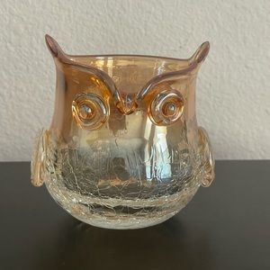 Vintage Iridescent, Crackle Glass Owl Votive Candle Holder Vase
